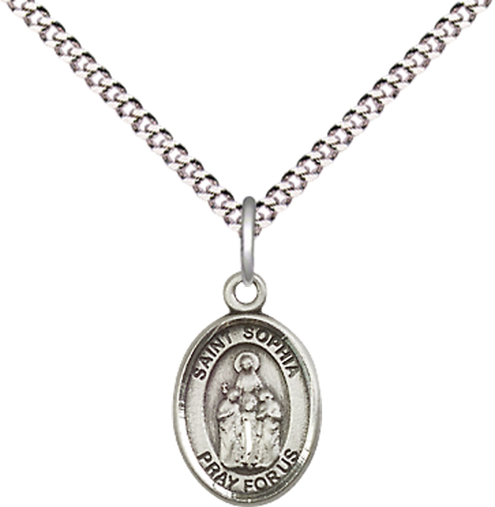 Sterling Silver Saint Sophia Pendant on a 18 inch Light Rhodium Light Curb chain