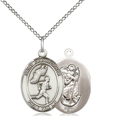 Sterling Silver Saint Christopher Track&amp;Field Pendant on a 18 inch Sterling Silver Light Curb chain