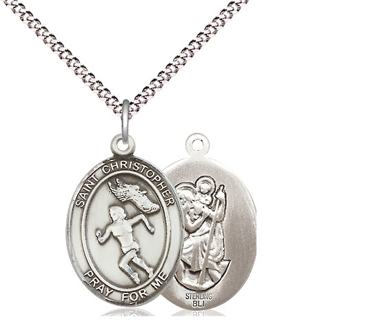 Sterling Silver Saint Christopher Track&amp;Field Pendant on a 18 inch Light Rhodium Light Curb chain