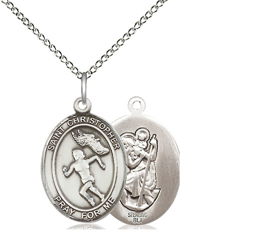 Sterling Silver Saint Christopher Track&amp;Field Pendant on a 18 inch Sterling Silver Light Curb chain