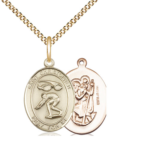 14kt Gold Filled Saint Christopher Swimming Pendant on a 18 inch Gold Plate Light Curb chain