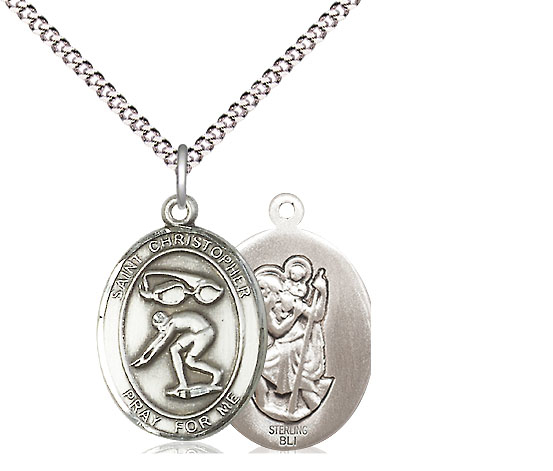 Sterling Silver Saint Christopher Swimming Pendant on a 18 inch Light Rhodium Light Curb chain