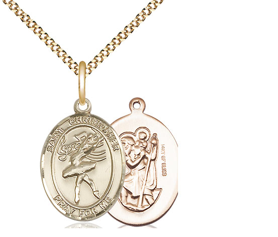 14kt Gold Filled Saint Christopher Dance Pendant on a 18 inch Gold Plate Light Curb chain