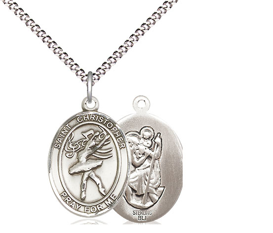 Sterling Silver Saint Christopher Dance Pendant on a 18 inch Light Rhodium Light Curb chain