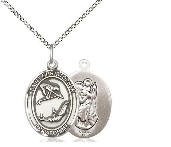 Sterling Silver Saint Christopher Gymnastics Pendant on a 18 inch Sterling Silver Light Curb chain