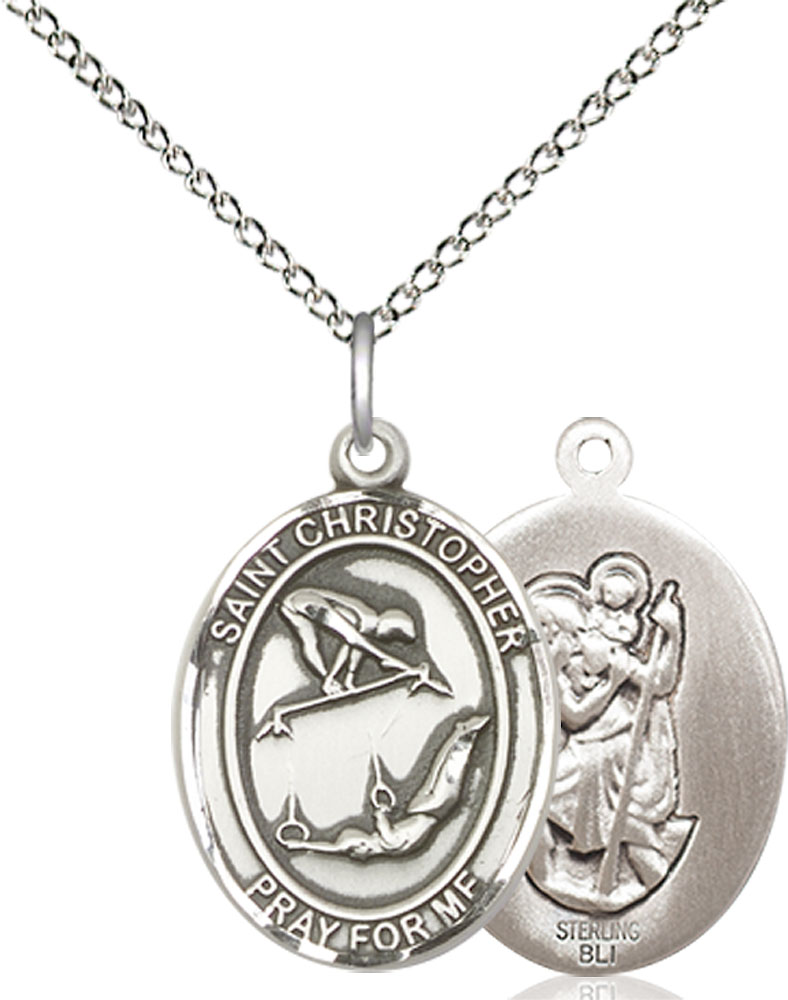Sterling Silver Saint Christopher Gymnastics Pendant on a 18 inch Sterling Silver Light Curb chain