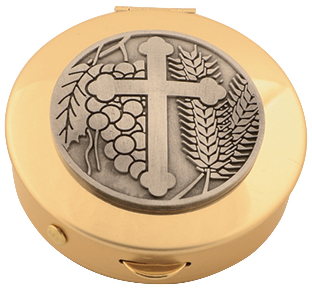 Pyx, Brass w/ Cross medallion, 25 host cap.