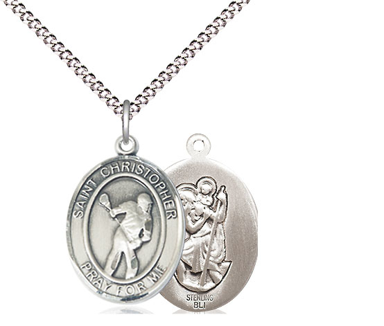Sterling Silver Saint Christopher Lacrosse Pendant on a 18 inch Light Rhodium Light Curb chain