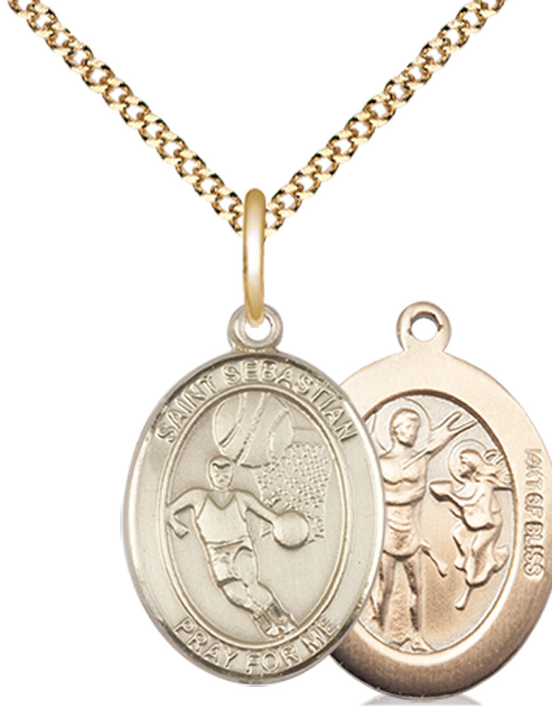 14kt Gold Filled Saint Sebastian Basketball Pendant on a 18 inch Gold Plate Light Curb chain