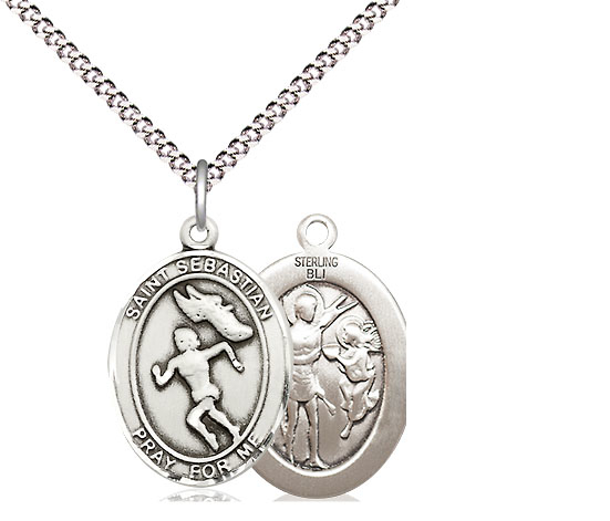 Sterling Silver Saint Sebastian Track and Field Pendant on a 18 inch Light Rhodium Light Curb chain