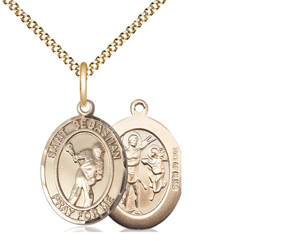 14kt Gold Filled Saint Sebastian Lacrosse Pendant on a 18 inch Gold Plate Light Curb chain
