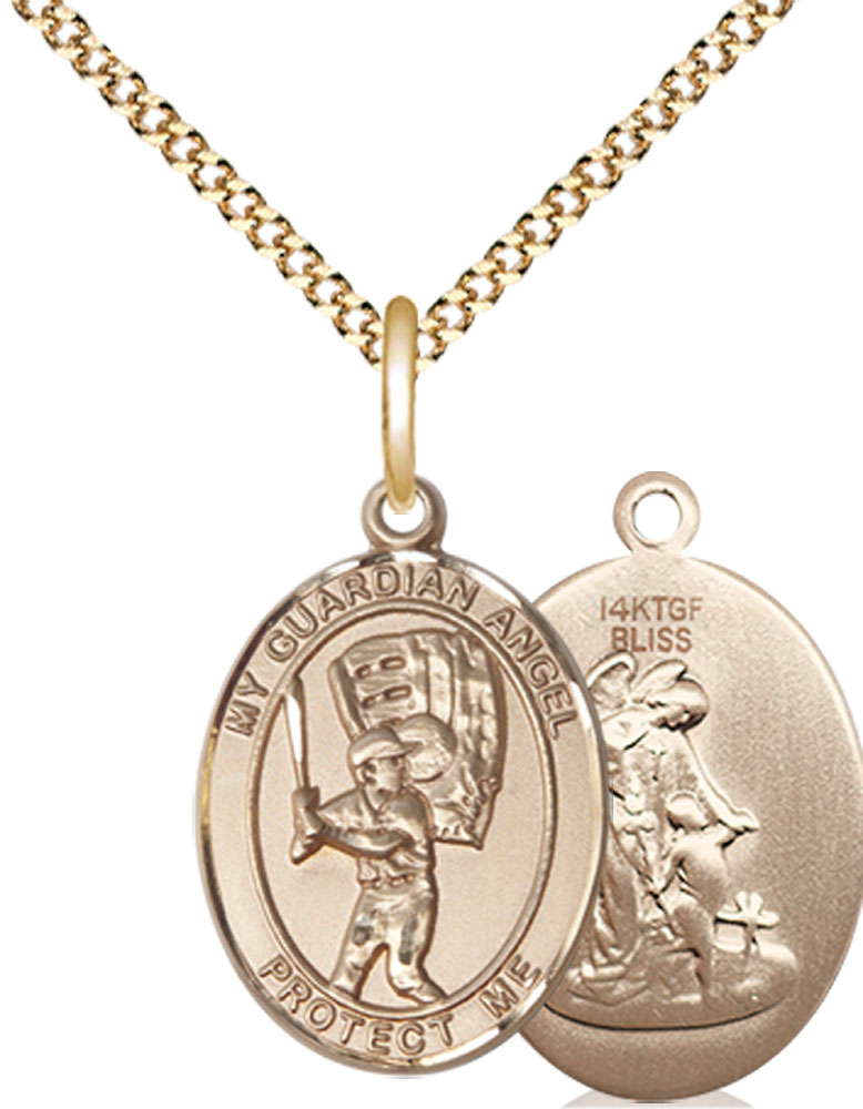 14kt Gold Filled Guardian Angel Baseball Pendant on a 18 inch Gold Plate Light Curb chain