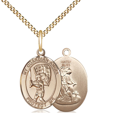 14kt Gold Filled Guardian Angel Baseball Pendant on a 18 inch Gold Plate Light Curb chain