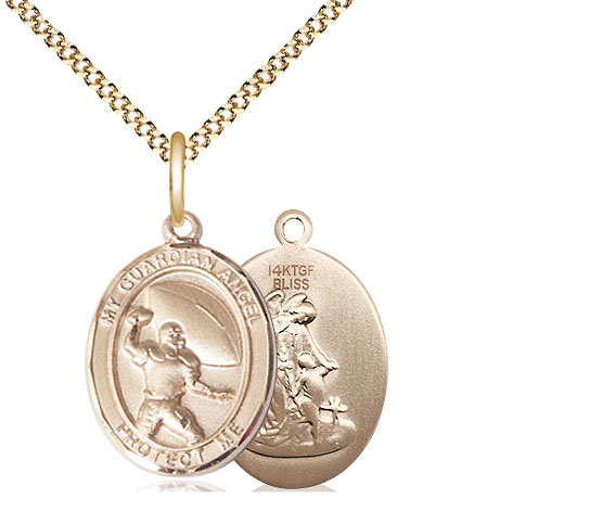 14kt Gold Filled Guardian Angel Football Pendant on a 18 inch Gold Plate Light Curb chain