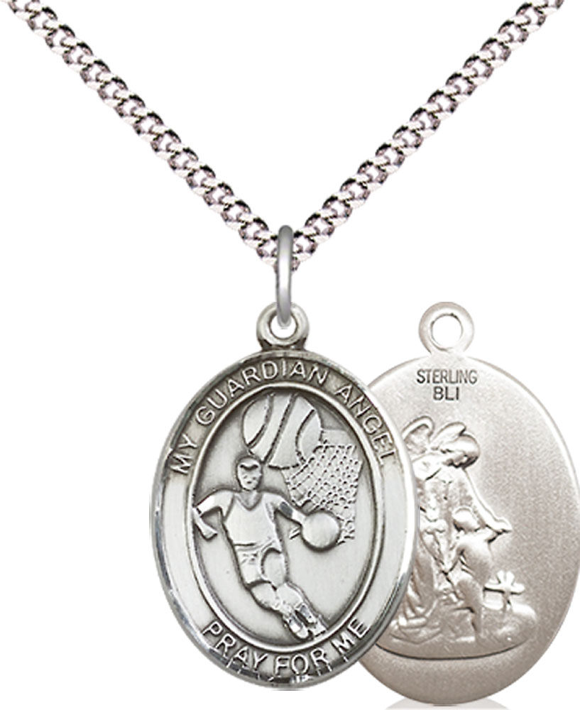 Sterling Silver Guardian Angel Basketball Pendant on a 18 inch Light Rhodium Light Curb chain