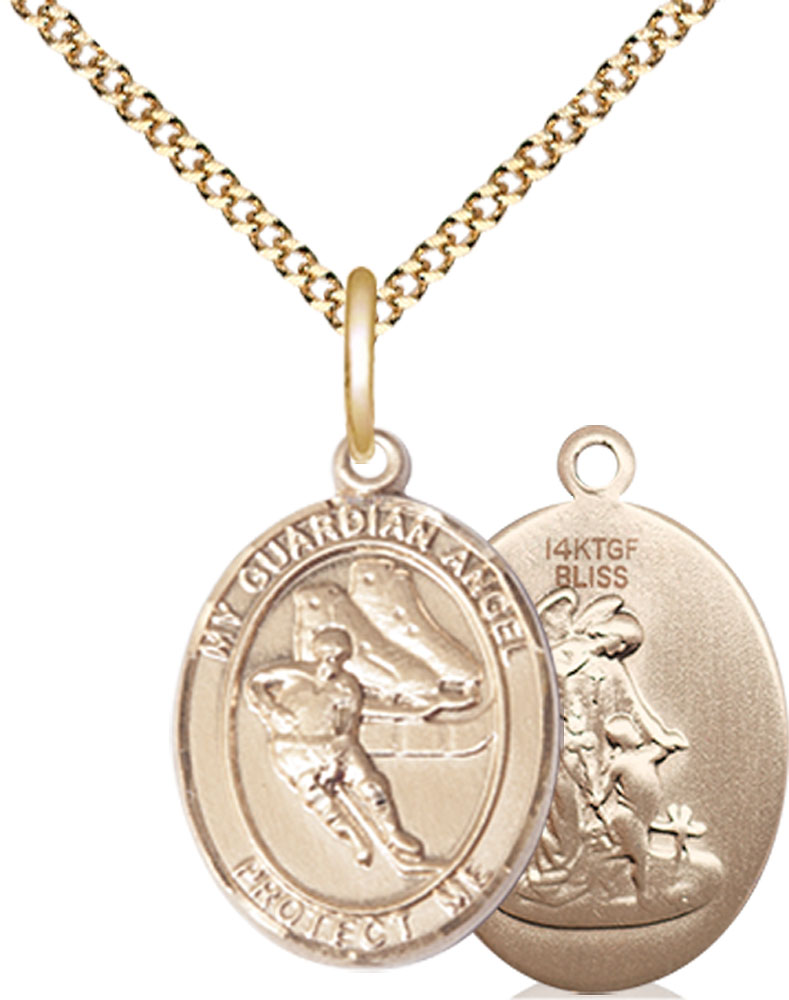 14kt Gold Filled Guardian Angel Hockey Pendant on a 18 inch Gold Plate Light Curb chain