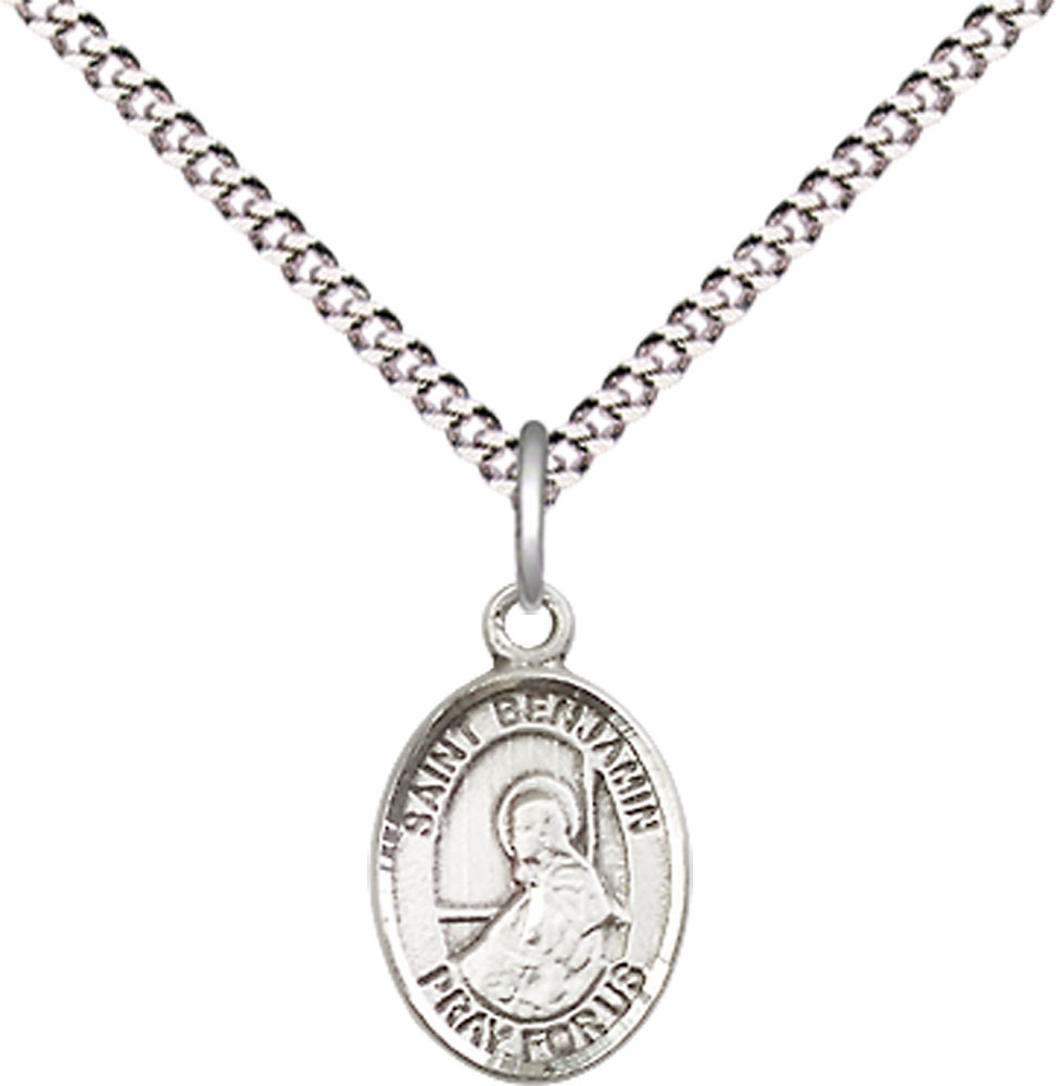 Sterling Silver Saint Benjamin Pendant on a 18 inch Light Rhodium Light Curb chain