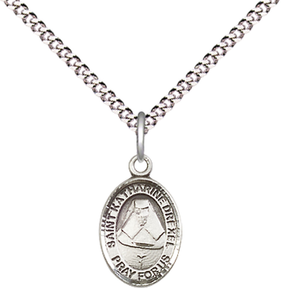 Sterling Silver Saint Katharine Drexel Pendant on a 18 inch Light Rhodium Light Curb chain