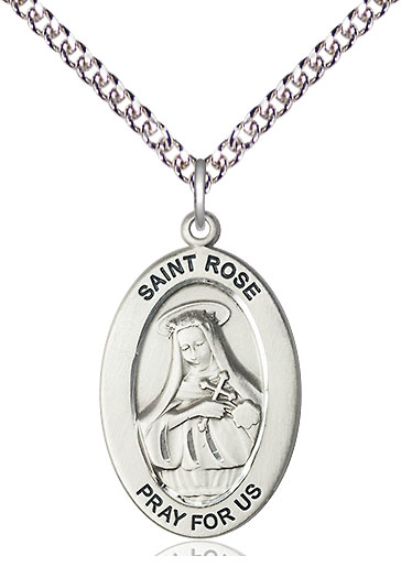 Sterling Silver Saint Rose of Lima Pendant on a 24 inch Sterling Silver Heavy Curb chain