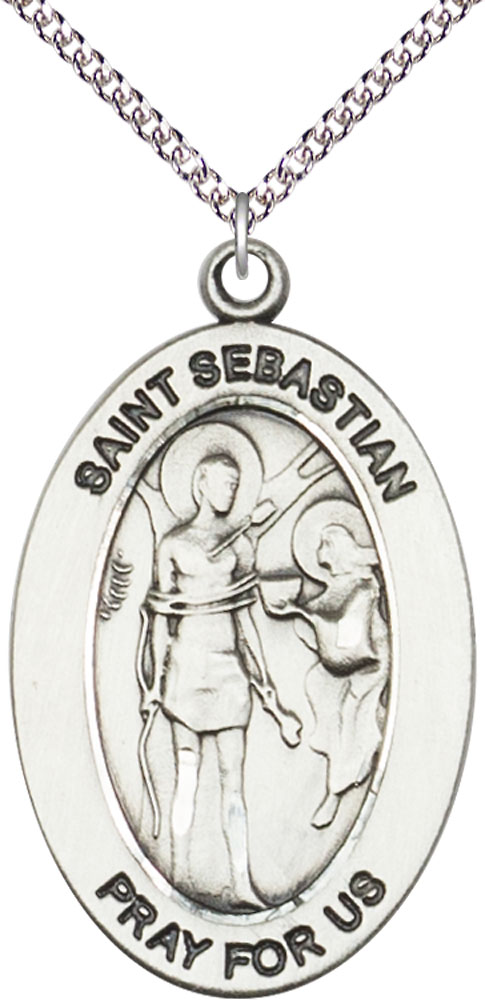 Sterling Silver Saint Sebastian Pendant on a 24 inch Sterling Silver Heavy Curb chain