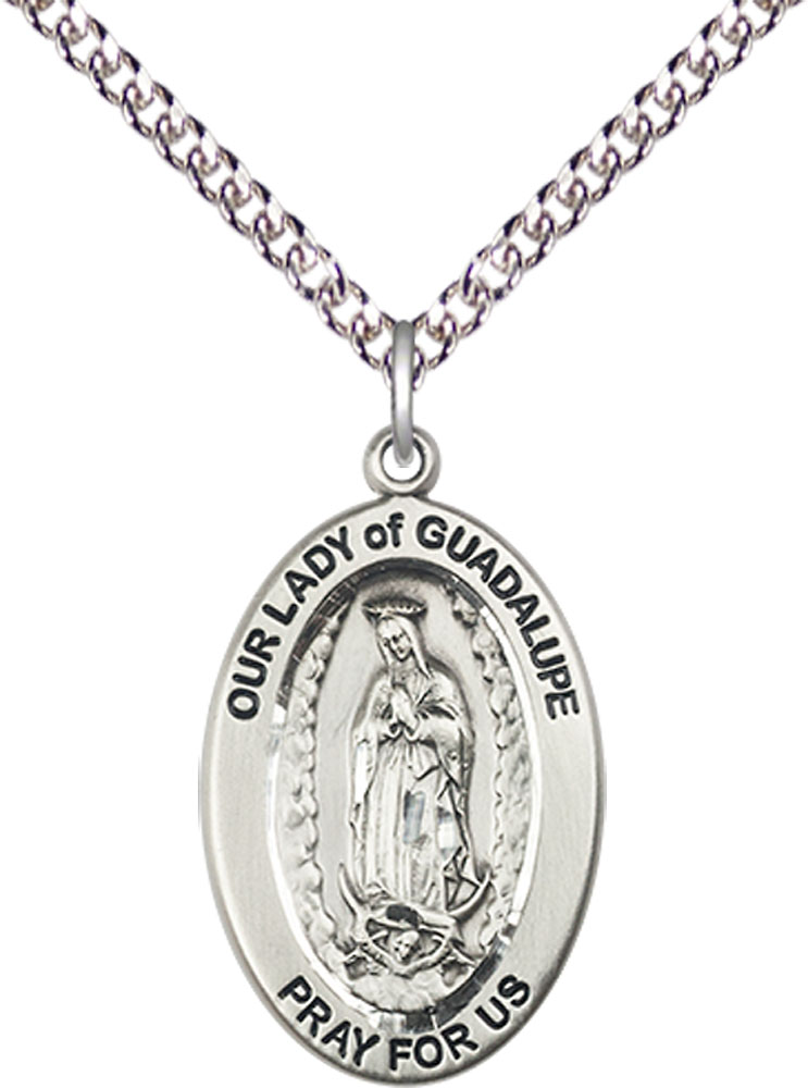 Sterling Silver Our Lady of Guadalupe Pendant on a 24 inch Sterling Silver Heavy Curb chain
