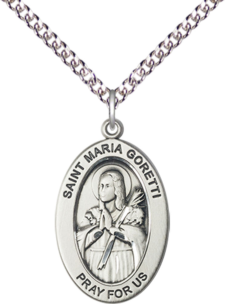 Sterling Silver Saint Maria Goretti Pendant on a 24 inch Sterling Silver Heavy Curb chain