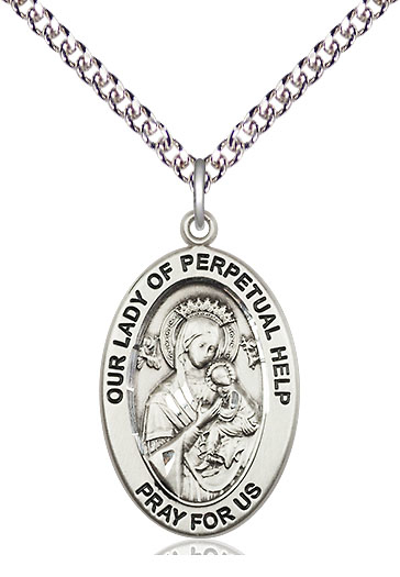Sterling Silver Our Lady of Perpetual Help Pendant on a 24 inch Sterling Silver Heavy Curb chain