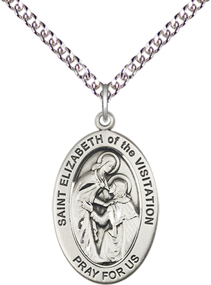 Sterling Silver Saint Elizabeth of the Visitation Pendant on a 24 inch Sterling Silver Heavy Curb chain