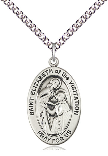 Sterling Silver Saint Elizabeth of the Visitation Pendant on a 24 inch Sterling Silver Heavy Curb chain