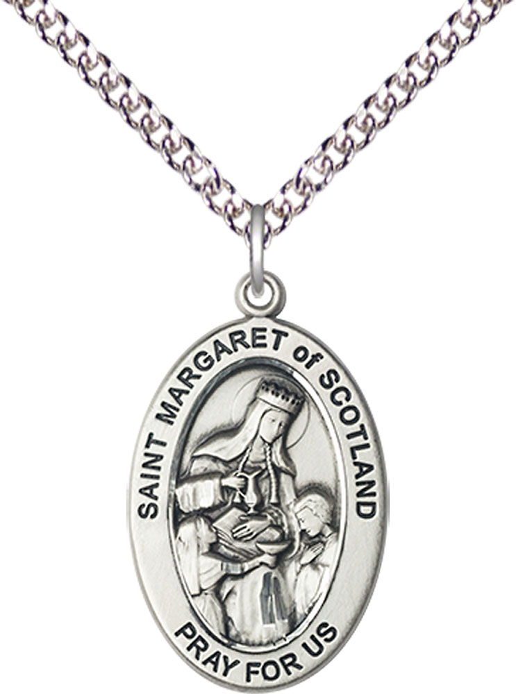 Sterling Silver Saint Margaret of Scotland Pendant on a 24 inch Sterling Silver Heavy Curb chain