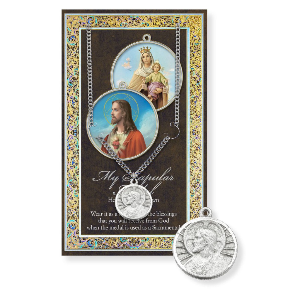 Scapular Genuine Pewter Medal on a 24" Chain with Biography and Picture Folder