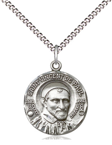 Sterling Silver Saint Vincent de Paul Pendant on a 18 inch Light Rhodium Light Curb chain
