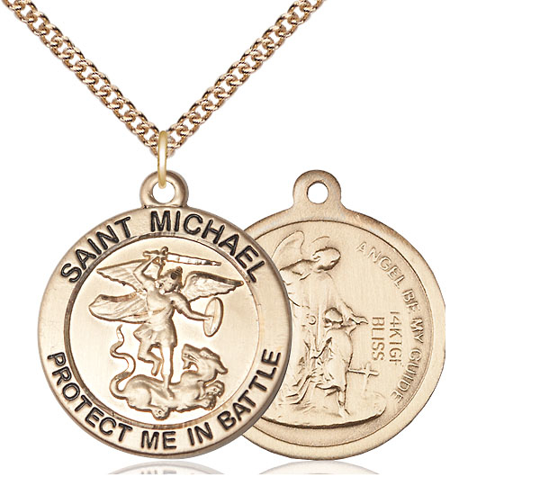 14kt Gold Filled Saint Michael Army Pendant on a 24 inch Gold Filled Heavy Curb chain