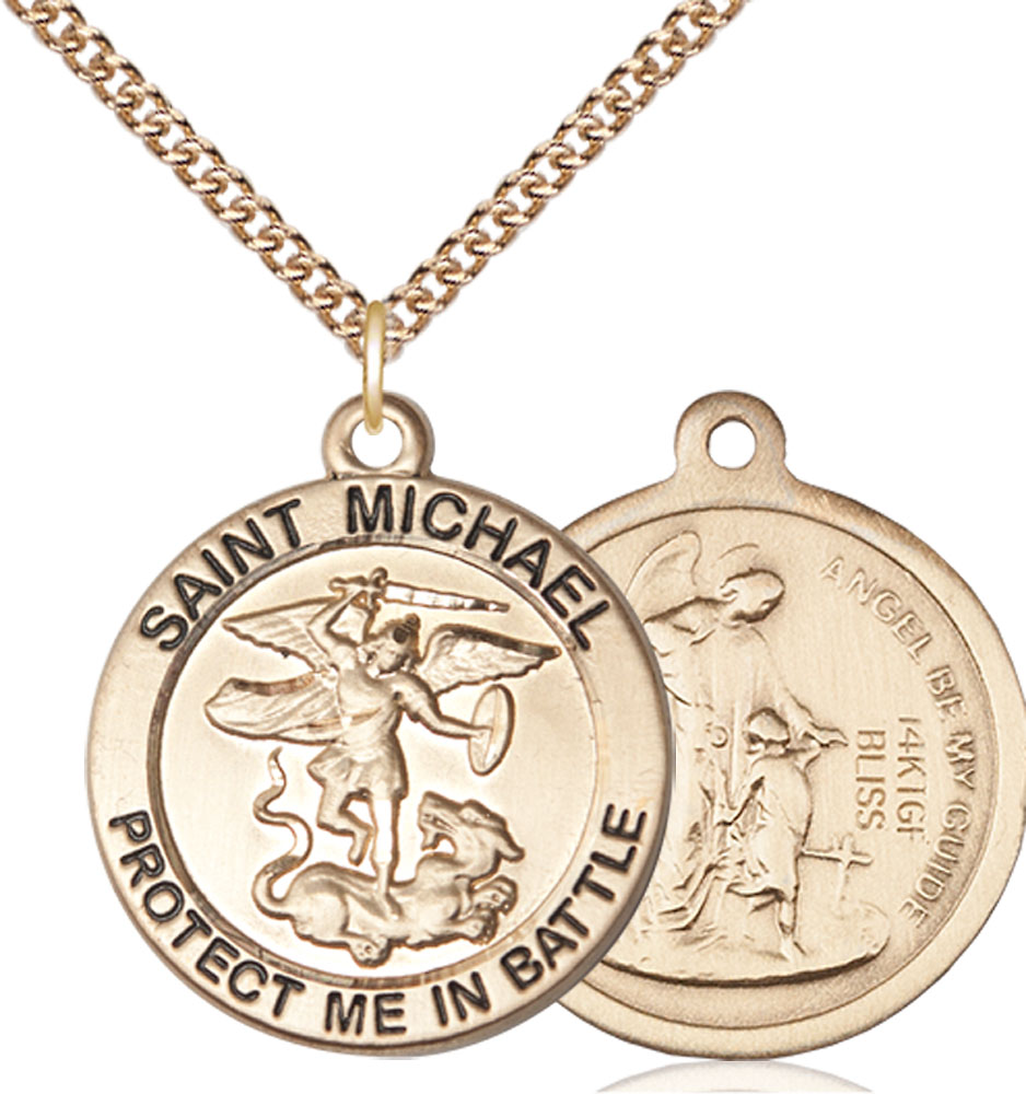 14kt Gold Filled Saint Michael Navy Pendant on a 24 inch Gold Filled Heavy Curb chain