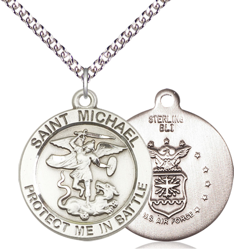 Sterling Silver Saint Michael Air Force Pendant on a 24 inch Sterling Silver Heavy Curb chain
