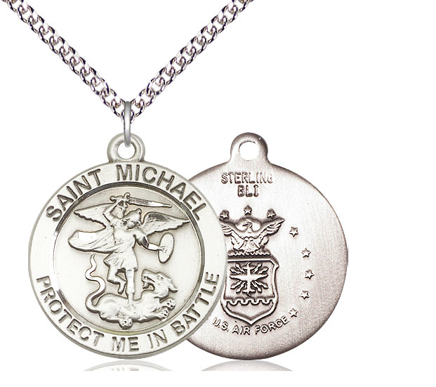 Sterling Silver Saint Michael Navy Pendant on a 24 inch Sterling Silver Heavy Curb chain