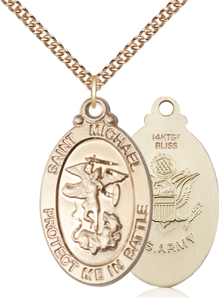 14kt Gold Filled Saint Michael Army Pendant on a 24 inch Gold Filled Heavy Curb chain
