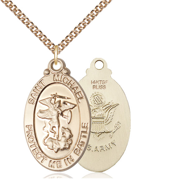 14kt Gold Filled Saint Michael Army Pendant on a 24 inch Gold Filled Heavy Curb chain