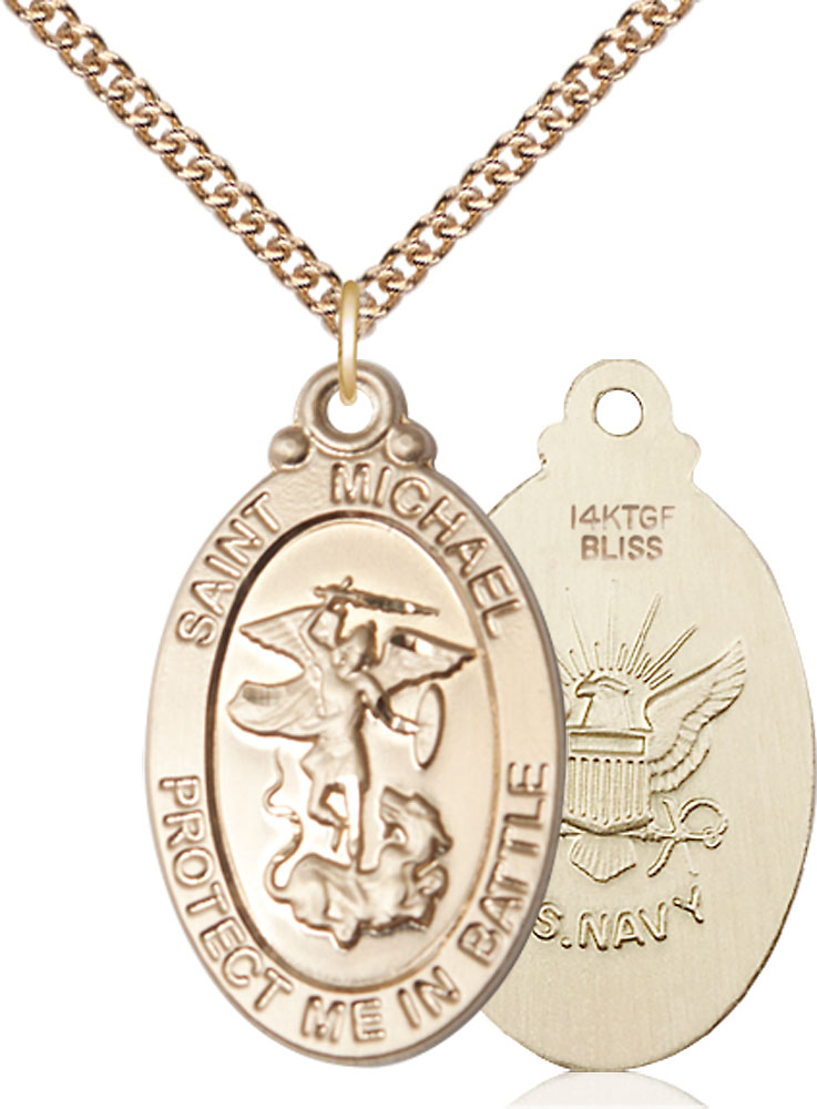14kt Gold Filled Saint Michael Navy Pendant on a 24 inch Gold Filled Heavy Curb chain
