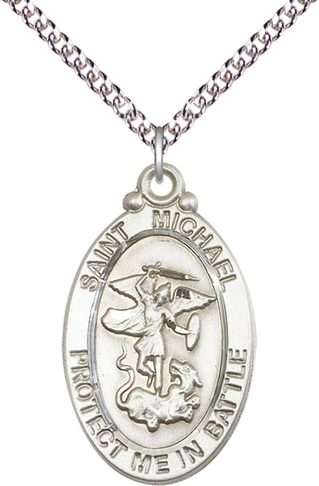 Sterling Silver Saint Michael Guardian Angel Pendant on a 24 inch Sterling Silver Heavy Curb chain