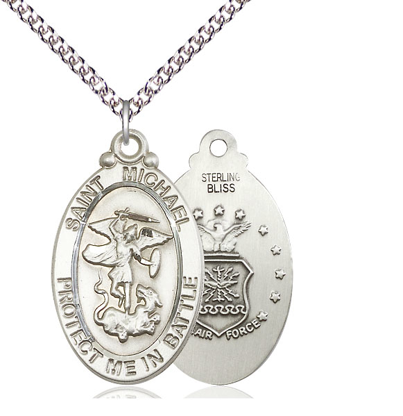 Sterling Silver Saint Michael Air Force Pendant on a 24 inch Sterling Silver Heavy Curb chain