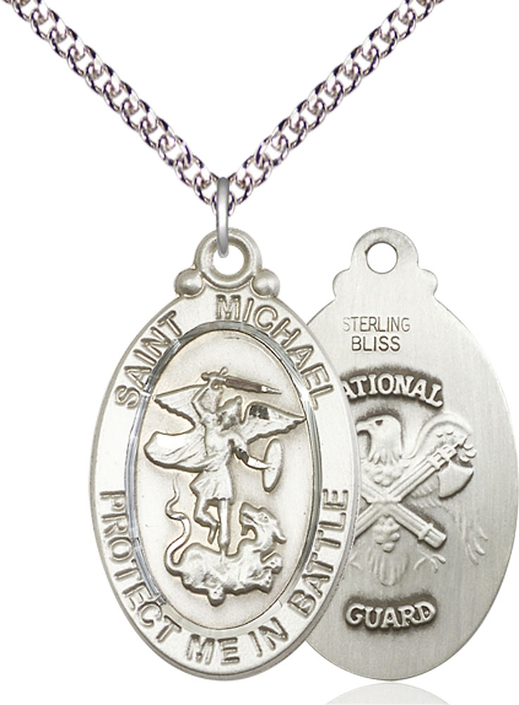 Sterling Silver Saint Michael National Guard Pendant on a 24 inch Sterling Silver Heavy Curb chain