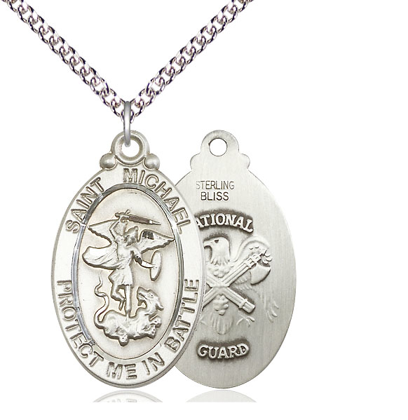 Sterling Silver Saint Michael National Guard Pendant on a 24 inch Sterling Silver Heavy Curb chain