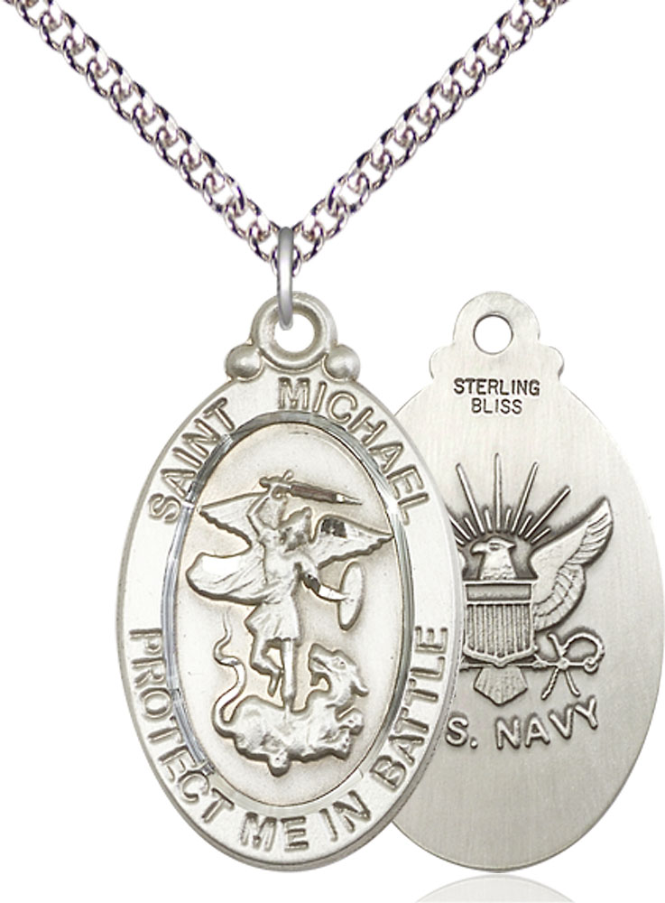 Sterling Silver Saint Michael Navy Pendant on a 24 inch Sterling Silver Heavy Curb chain