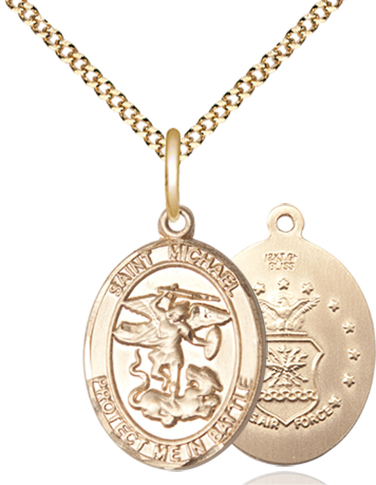 14kt Gold Filled Saint Michael Air Force Pendant on a 18 inch Gold Plate Light Curb chain
