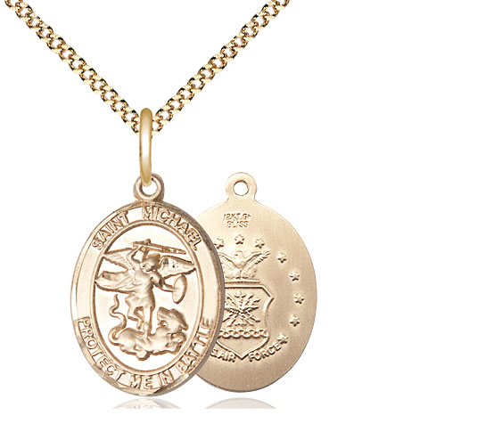 14kt Gold Filled Saint Michael Air Force Pendant on a 18 inch Gold Plate Light Curb chain