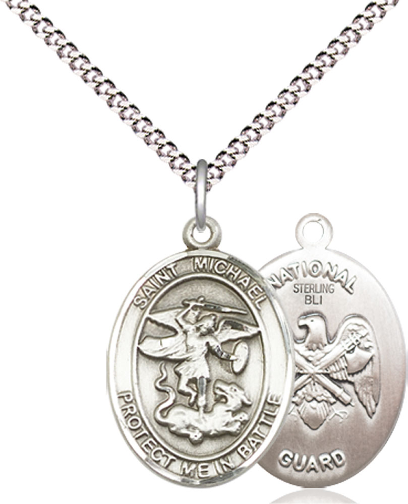 Sterling Silver Saint Michael National Guard Pendant on a 18 inch Light Rhodium Light Curb chain