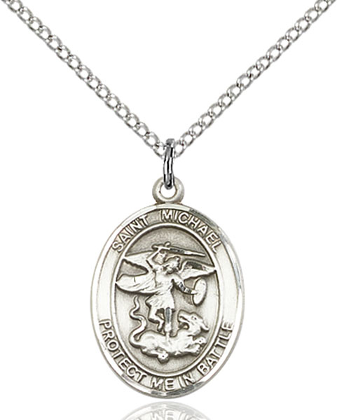 Sterling Silver Saint Michael National Guard Pendant on a 18 inch Light Rhodium Light Curb chain