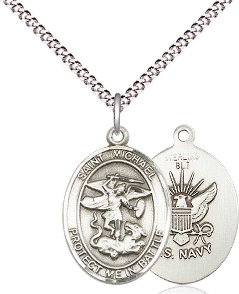 Sterling Silver Saint Michael Navy Pendant on a 18 inch Light Rhodium Light Curb chain