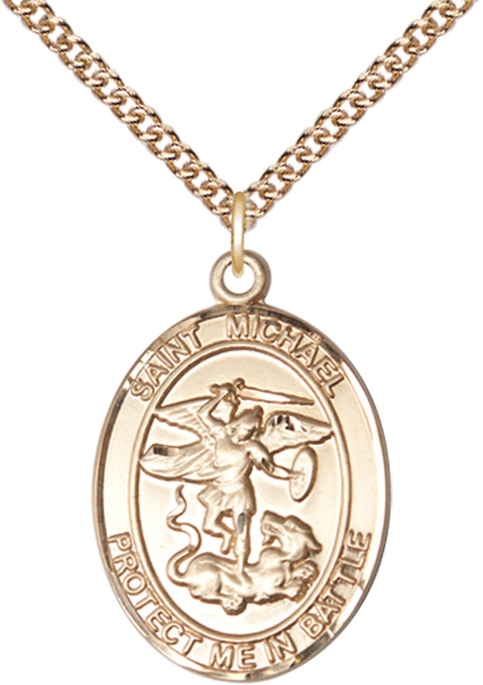 14kt Gold Filled Saint Michael Guardian Angel Pendant on a 24 inch Gold Filled Heavy Curb chain